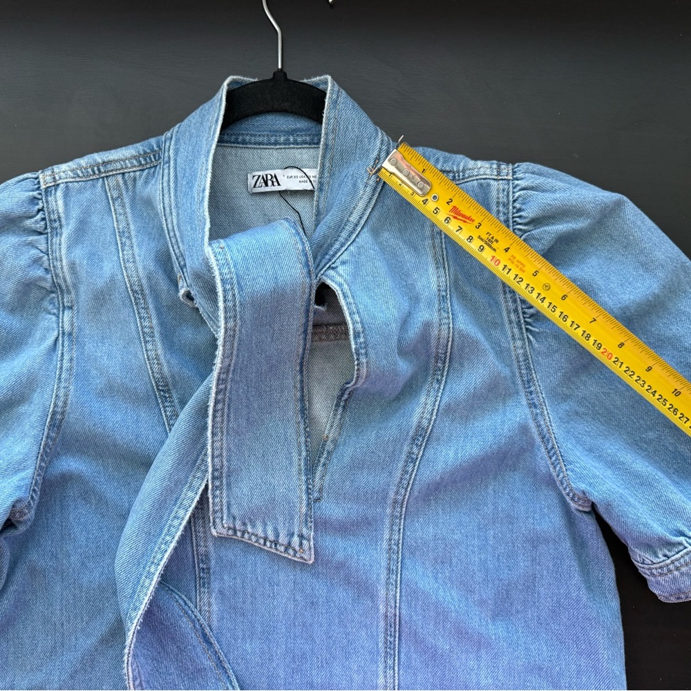 Zara Denim Tie-Neck Top - Picture 4 of 7